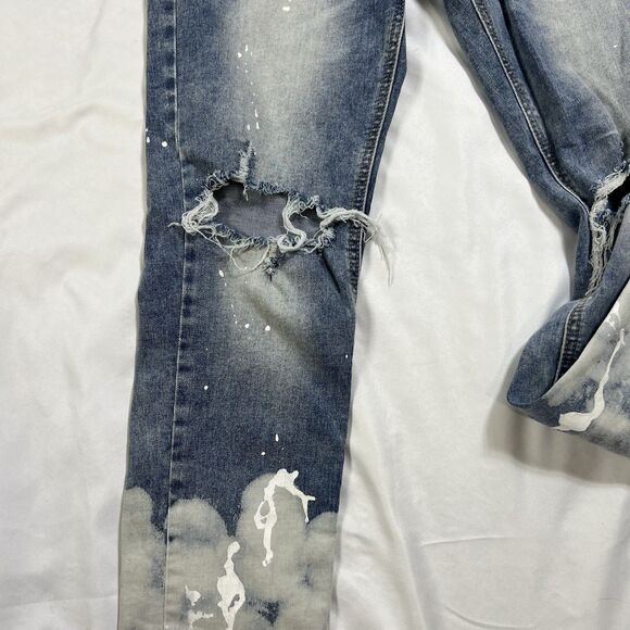 KDNK Men's Jeans Skinny Fit Paint Bleached Destroyed Zip Ankle 30"/31" Stretch - Picture 4 of 11